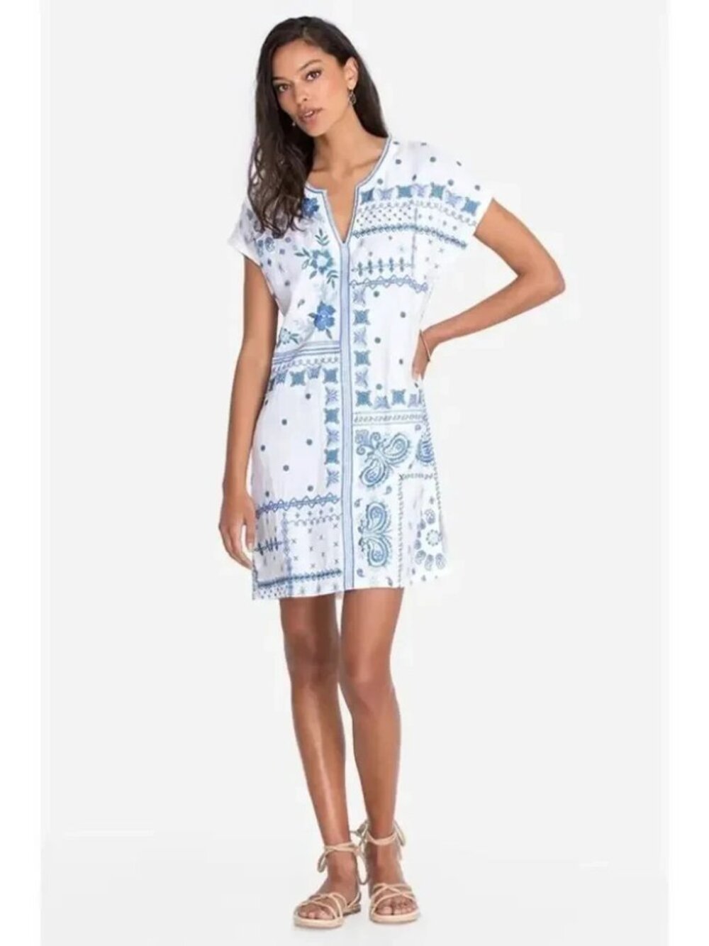 Johnny Was Nico Easy Floral Embroidered Tunic Dress in White BLue Women’s Small
